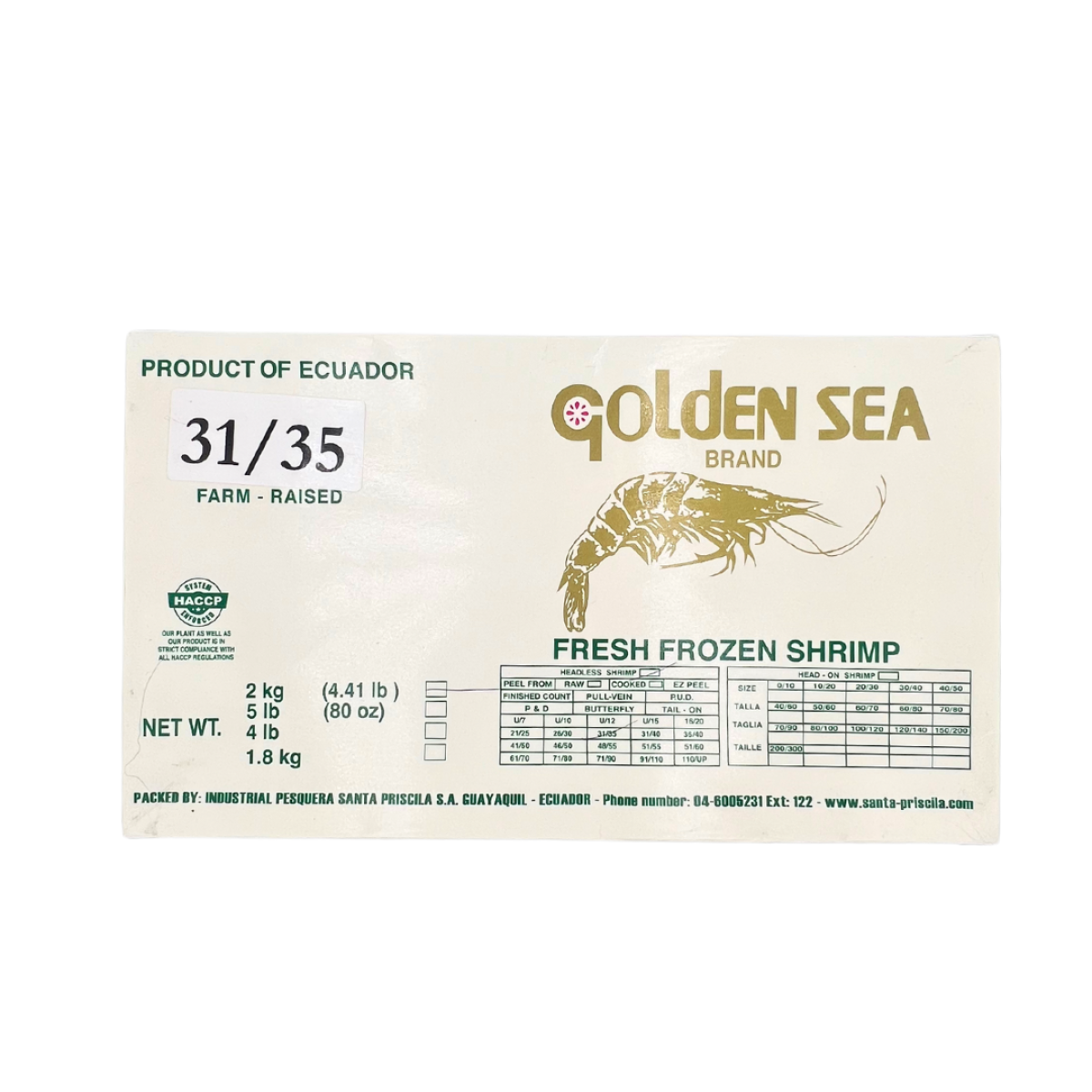 Креветка ваннамей 0% глазурі 31/35 з/м ,в панцері,б/г Golden Sea блок 2,2 кг