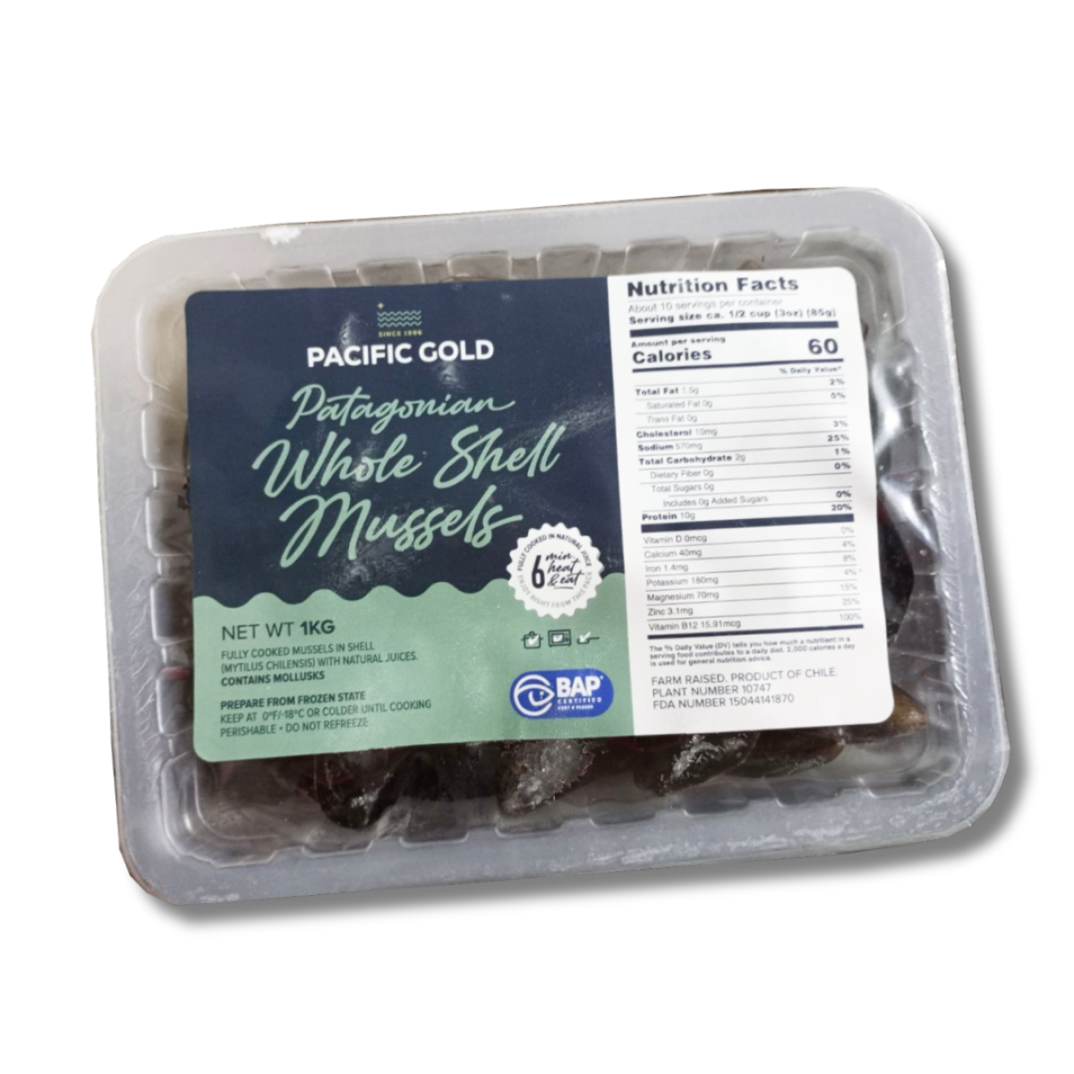 Мідії в мушлі 40/60 в/м Чілі Pacific Gold лоток 1 кг
