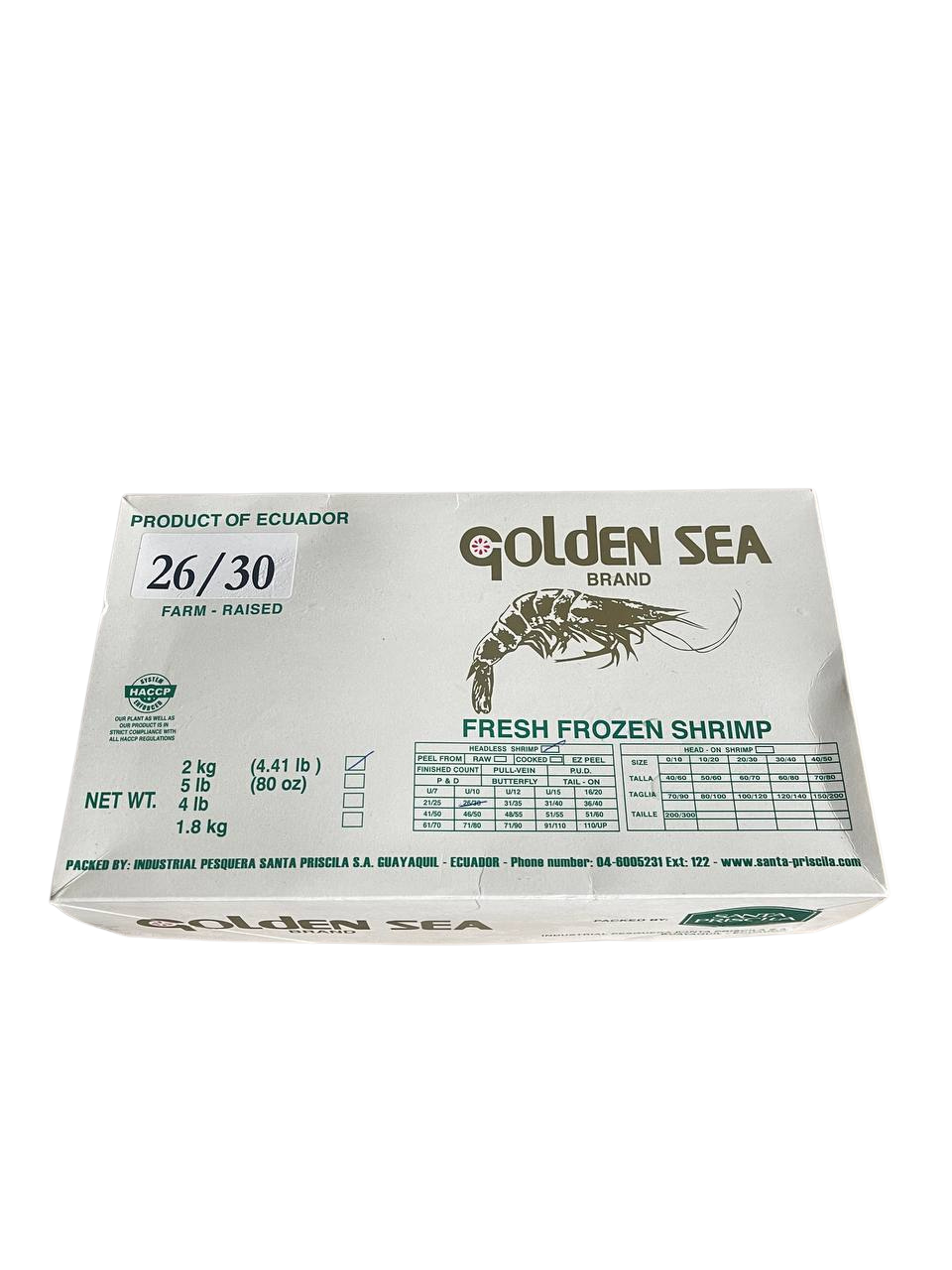 Креветка ваннамей 0% глазурі 26/30  з/м ,в панцері,б/г Golden Sea блок 2,2 кг